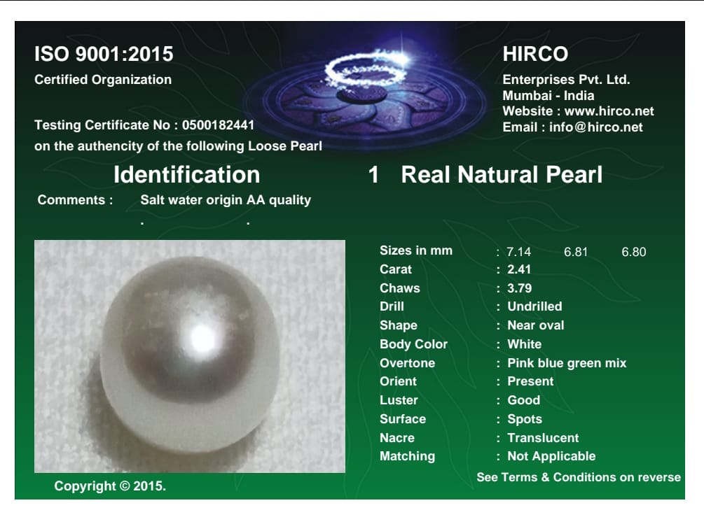 Real Natural Pearl 2.41 Carat Danat Lab Certified 133941/ Hirco Certificate No: 0500182441