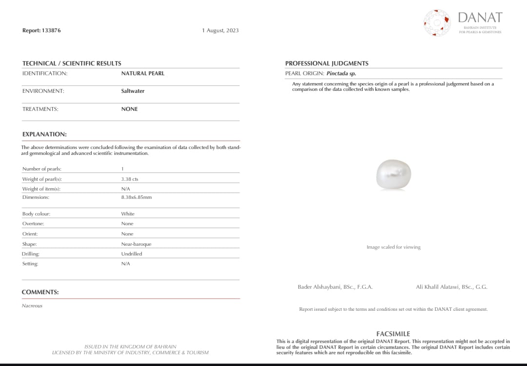 Real Natural Pearl 3.38 Carat Danat Lab Certified 133876/ Hirco Certificate No: 0500052438