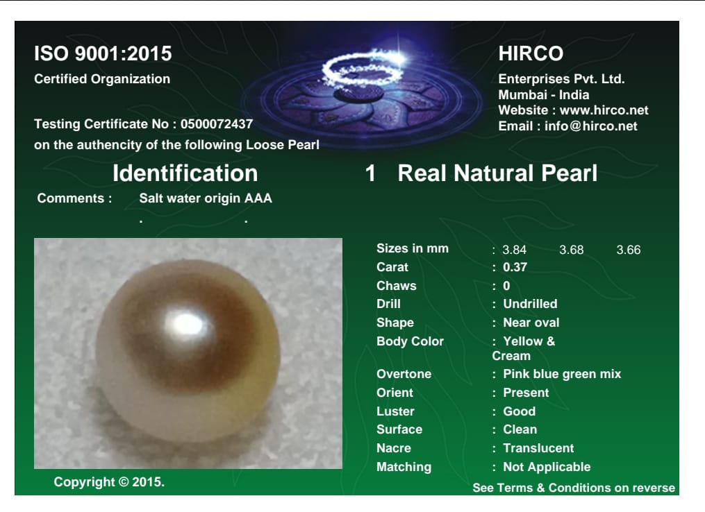 Real Natural Pearl 0.37 Carat Danat Lab Certified 133980/ Hirco Certificate No: 0500072437
