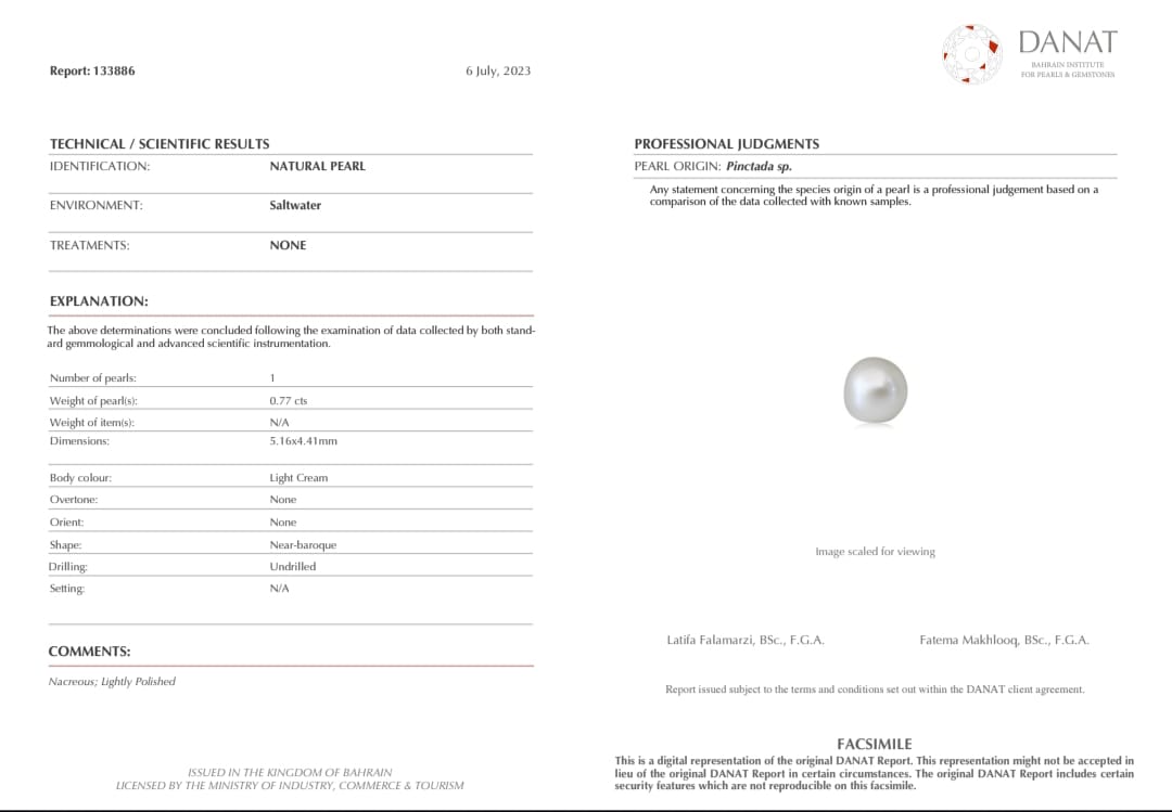 Real Natural Pearl 0.77 Carat Danat Lab Certified 133886/ Hirco Certificate No: 0400142477