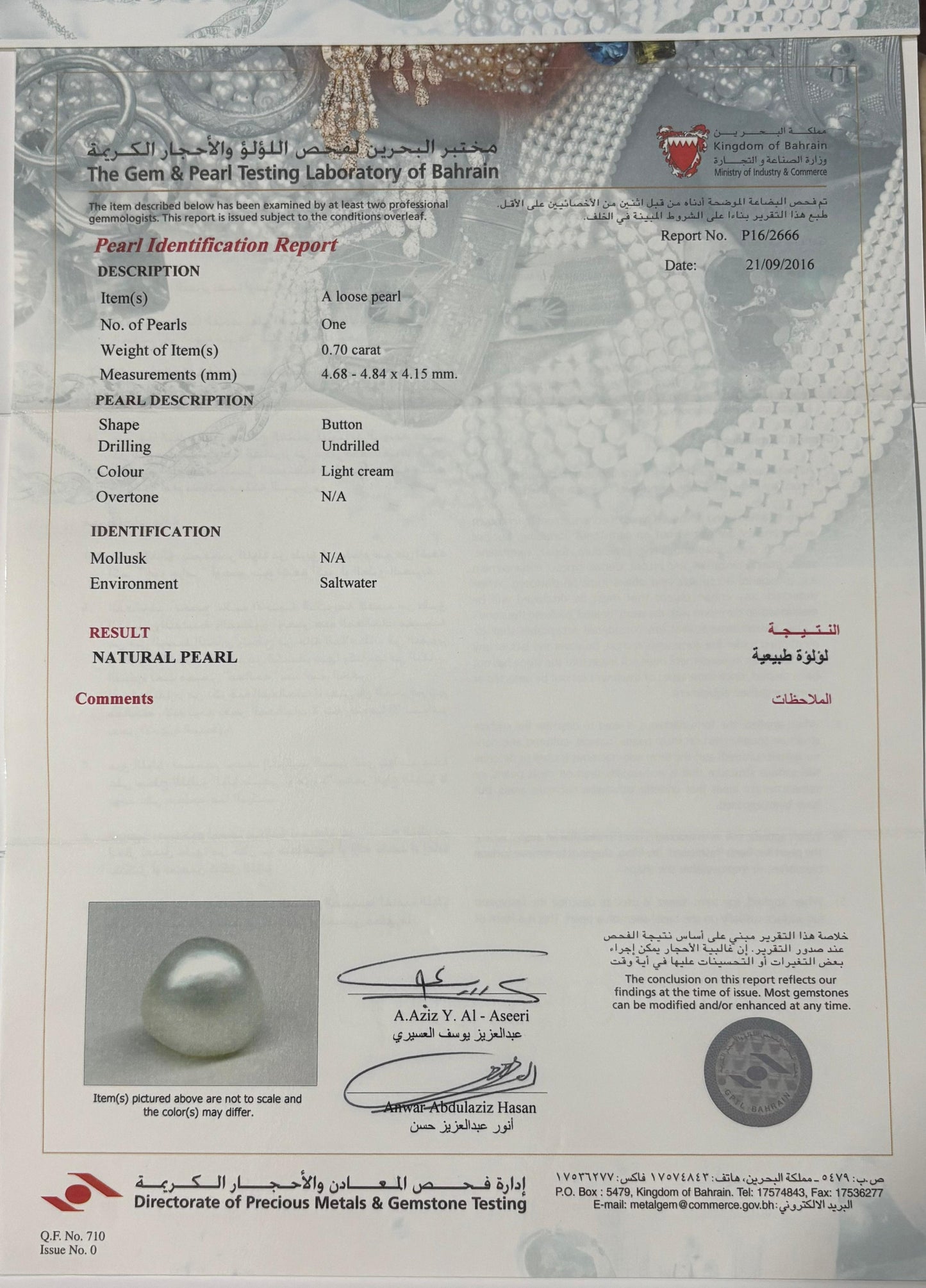 Real Natural Pearl 0.70 Carat Bahrain Lab Certified P16/2666