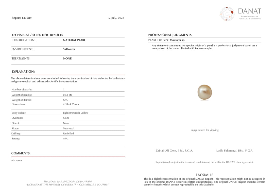 Real Natural Pearl 0.53 Carat Danat Lab Certified 133989/ Hirco Certificate No: 0400132553