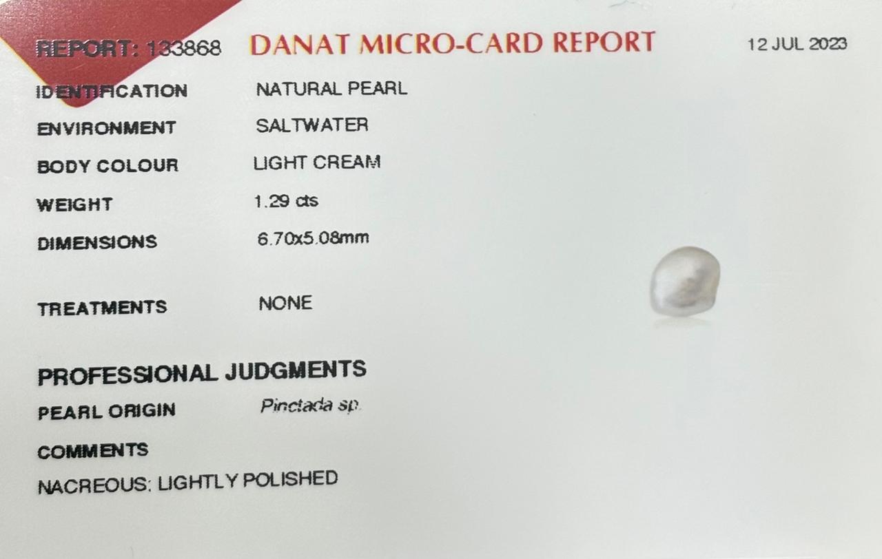 Real Natural Pearl 1.29 Carat Danat Lab Certified 133868/ Hirco Lab Certificate No: 0500122429