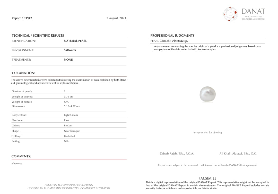 Real Natural Pearl 0.75 Carat Danat Lab Certified 133942/ Hirco Certificate No: 0500092475