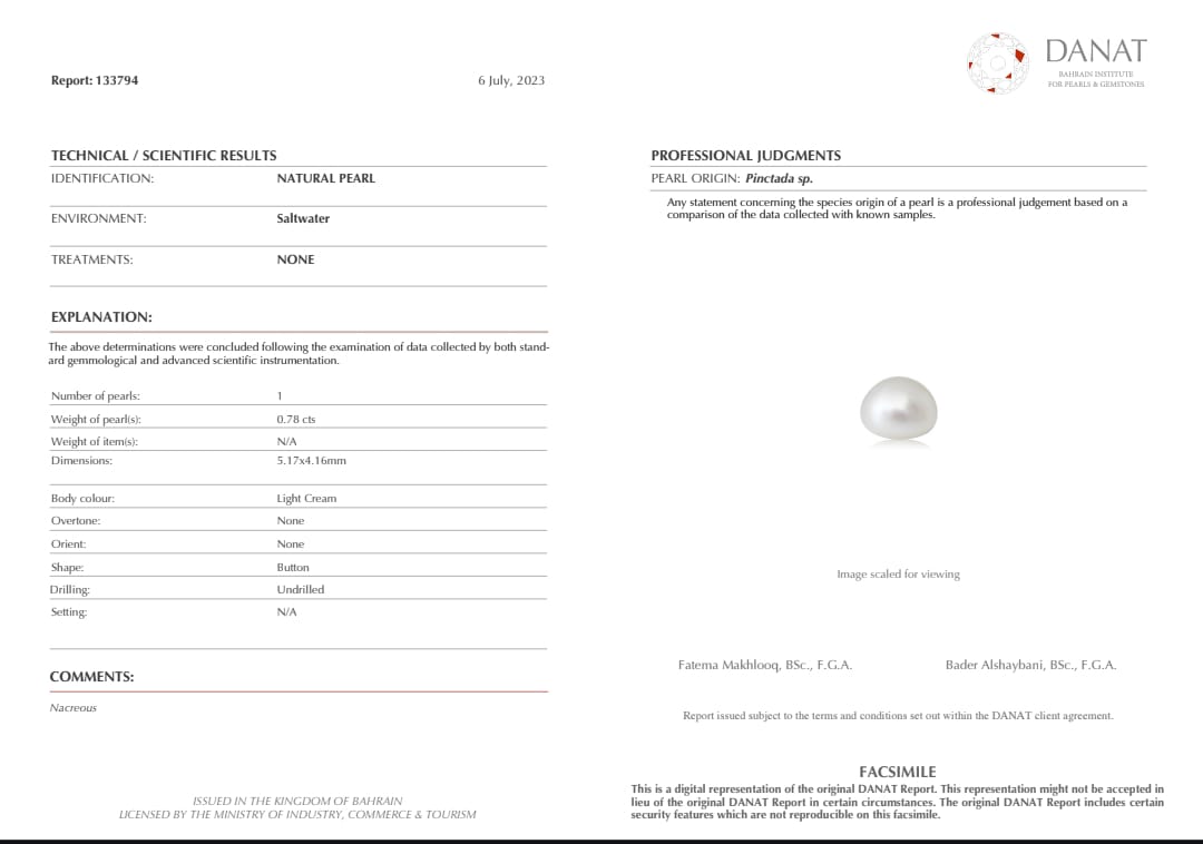 Real Natural Pearl 0.78 carat Danat Lab Certified 133794/ Hirco Certificate No: 0500012478