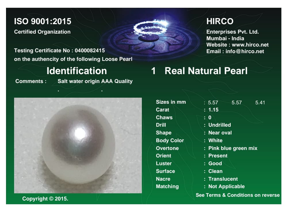 Real Natural Pearl 1.15 Carat Danat Lab Certified 133802/ Hirco Certificate No: 0400082415