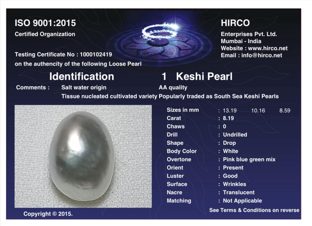 Keshi Pearl 8.19 Carat Saltwater Origin Hirco Lab Certified 1000102419