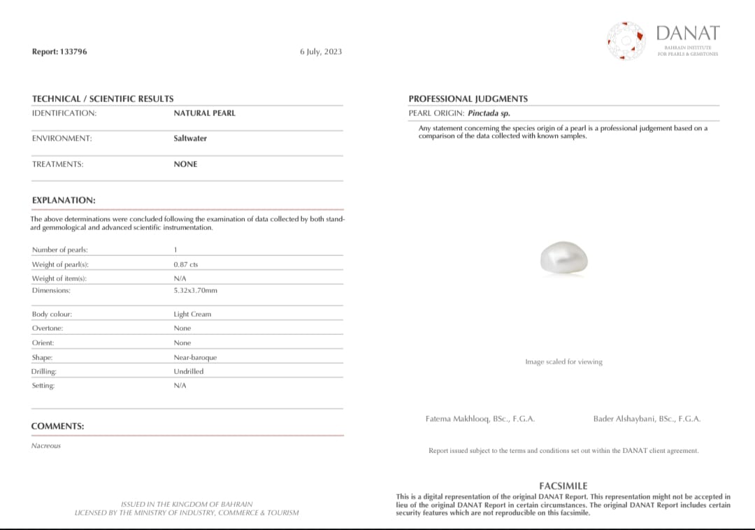 Real Natural Pearl 0.87 Carat Danat Lab Certified 133796/ Hirco Lab Certificate No: 0500162487