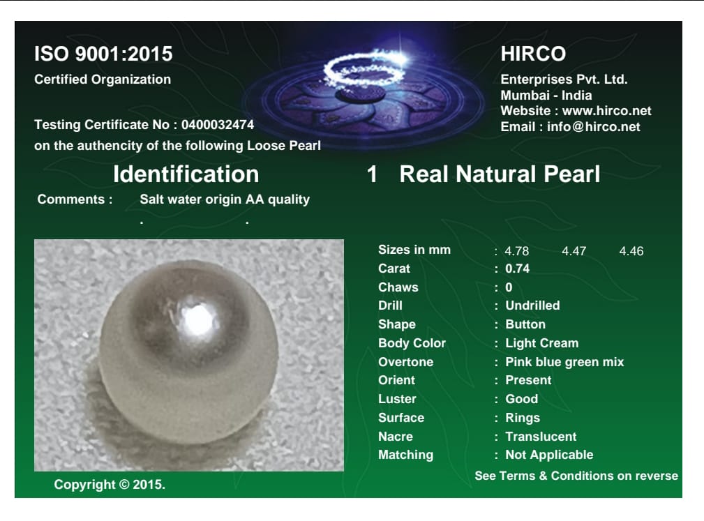 Real Natural Pearl 0.74 Carat Danat Lab Certified 133795/ Hirco Certificate No: 0400032474