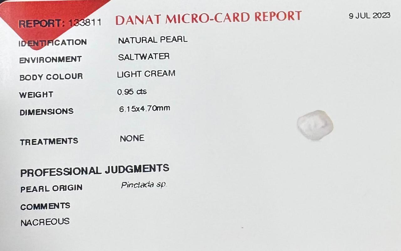 Real Natural Pearl 0.95 Carat Danat Lab Certified 133811/ Hirco Certificate No: 0500062495