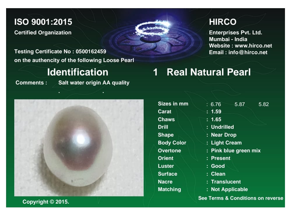 Real Natural Pearl 1.59 Carat Danat Lab Certified 133812/ Hirco Certificate No: 0500162459