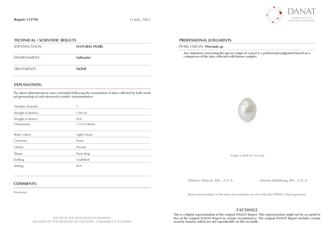 Real Natural Pearl 1.84 Carat Danat Lab Certified 133790/ Hirco Lab Certificate No: 0500092484