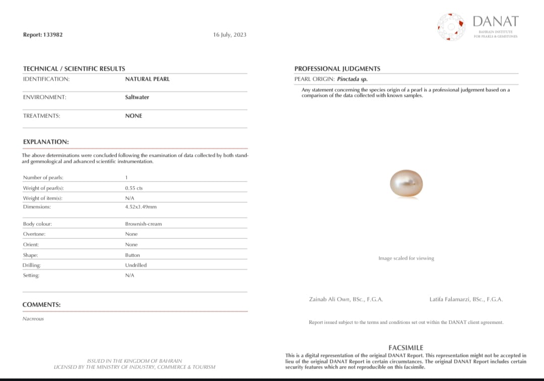 Real Natural Pearl 0.55 Carat Danat Lab Certified 133982/ Hirco Lab Certificate No: 1200012555