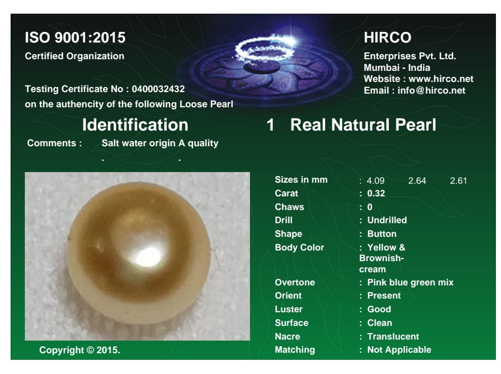 Real Natural Pearl 0.32 Carat Danat Lab Certified 133969/ Hirco Certificate No: 0400032432