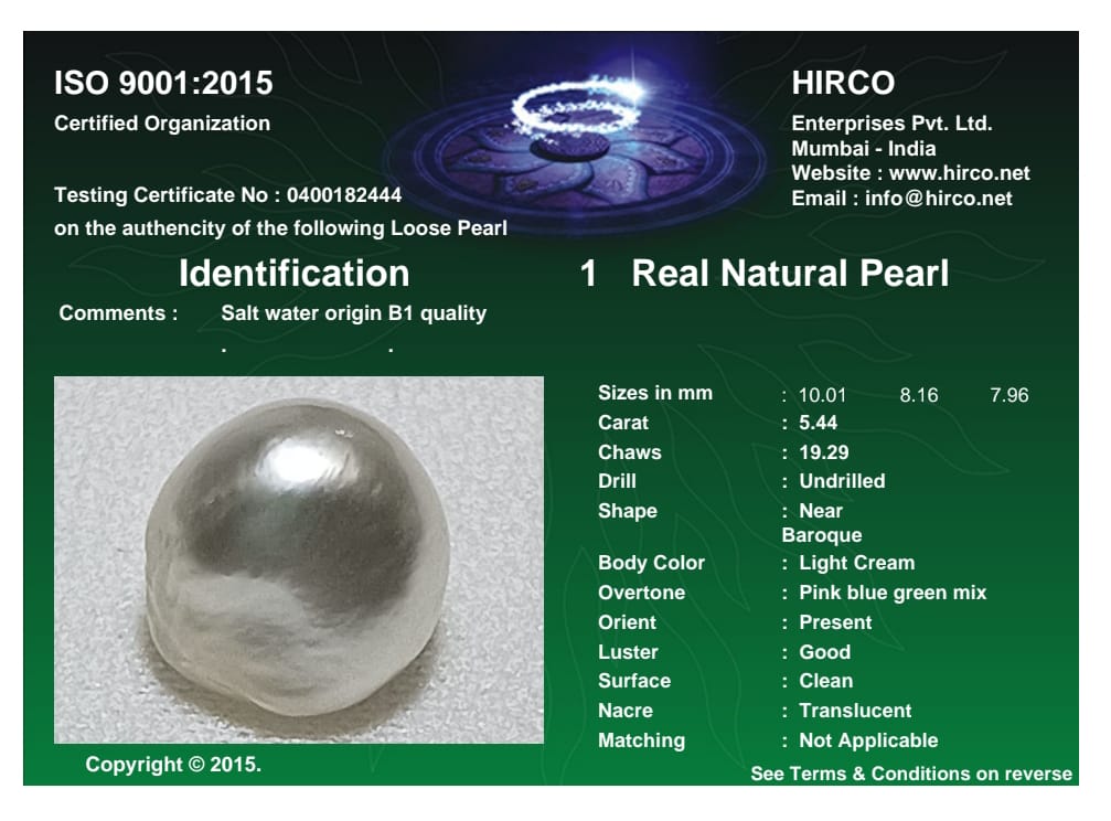 Real Natural Pearl 5.44 Carat Danat Lab Certified 133900/ Hirco Certificate No: 0400182444