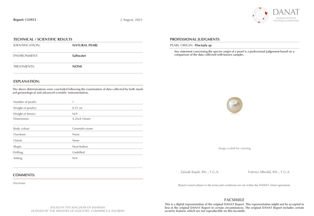 Real Natural Pearl 0.51 Carat Danat Lab Certified 133953/ Hirco Certificate No: 0400012451
