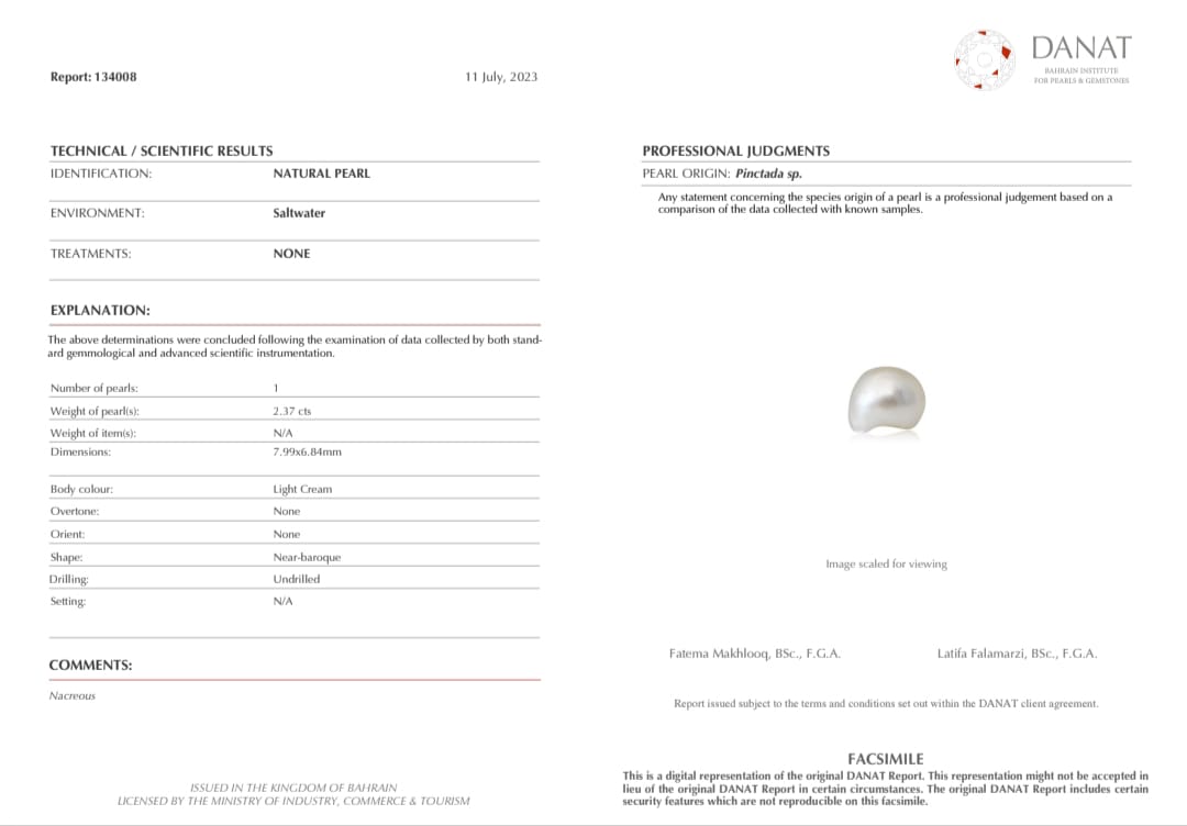 Real Natural Pearl 2.37 Carat Danat Lab Certified 134008/ Hirco Certificate No: 0400032437