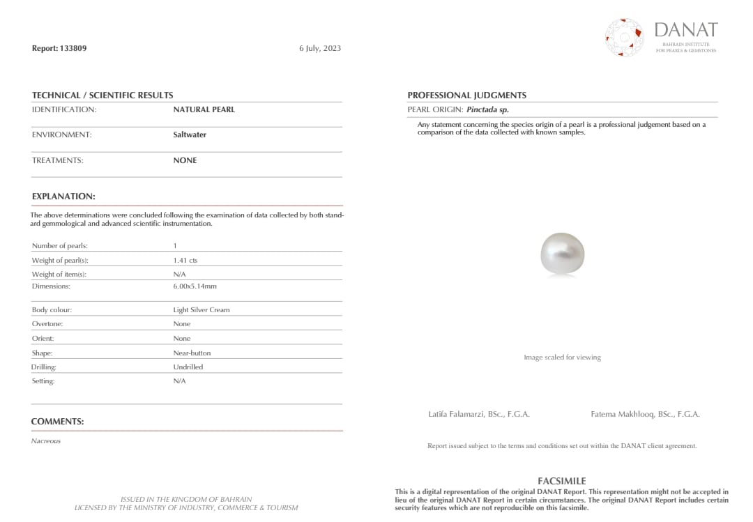 Real Natural Pearl 1.41 Carat Danat Lab Certified 133809/ Hirco Certificate No: 0500152441