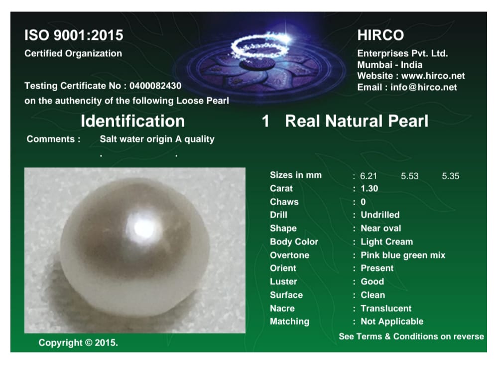 Real Natural Pearl 1.30 Carat Danat Lab Certified 133782/ Hirco Certificate No: 0400082430