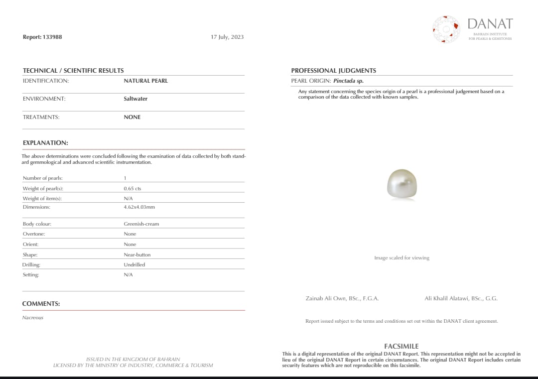 Real Natural Pearl 0.65 Carat Danat Lab Certified 133988/ Hirco Certificate No: 0500012465