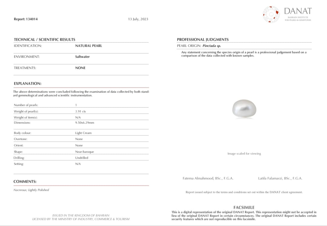 Real Natural Pearl 3.91 Carat Danat Lab Certified 134014 Hirco Certificate No: 0400042491