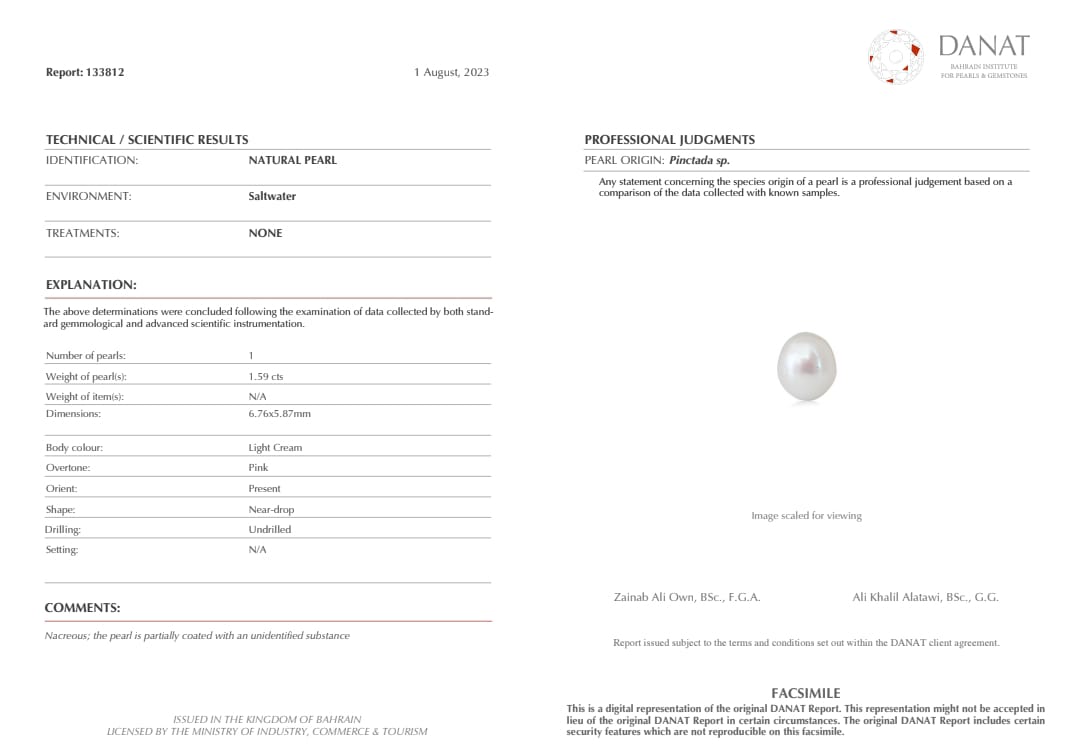 Real Natural Pearl 1.59 Carat Danat Lab Certified 133812/ Hirco Certificate No: 0500162459