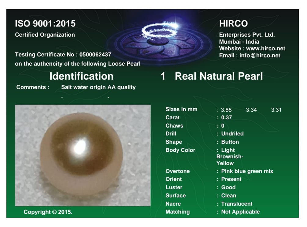 Real Natural Pearl 0.37 Carat Danat Lab Certified 133968/ Hirco Certificate No: 0500062437