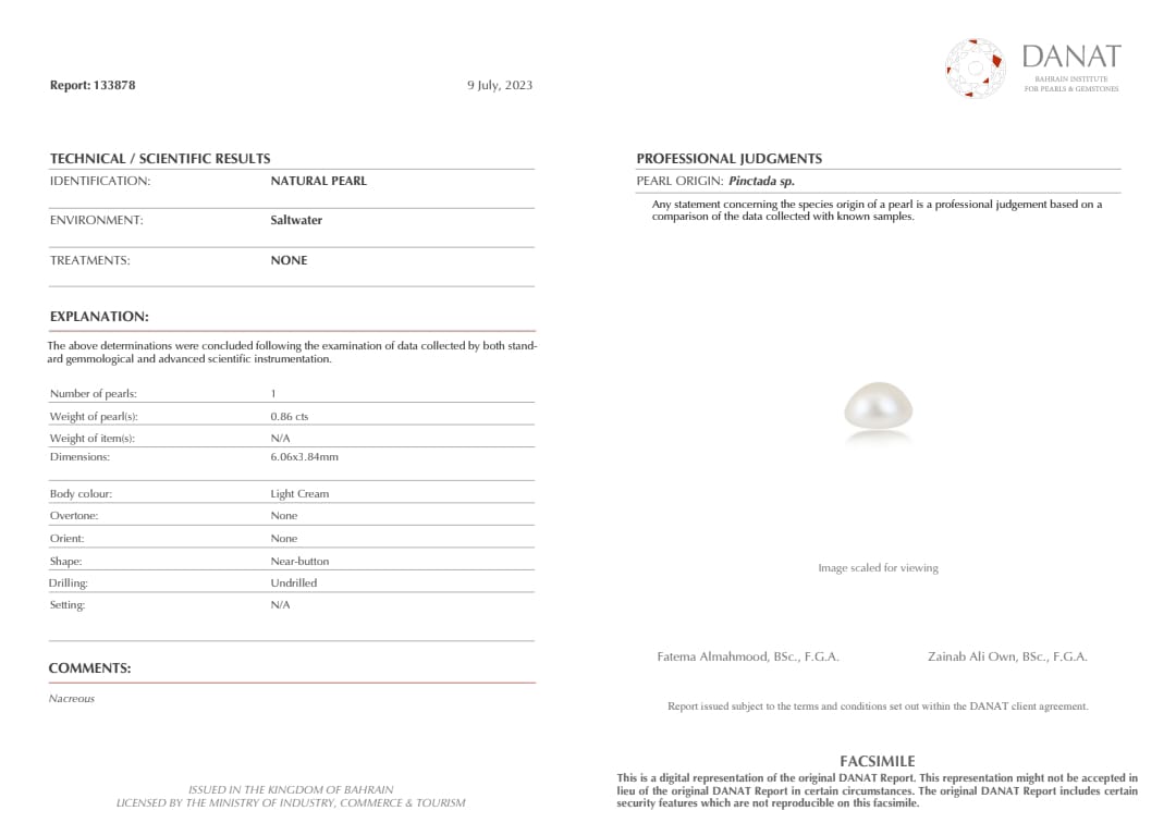 Real Natural Pearl 0.86 Carat Danat Lab Certified 133878/ Hirco Certificate No: 0500082486