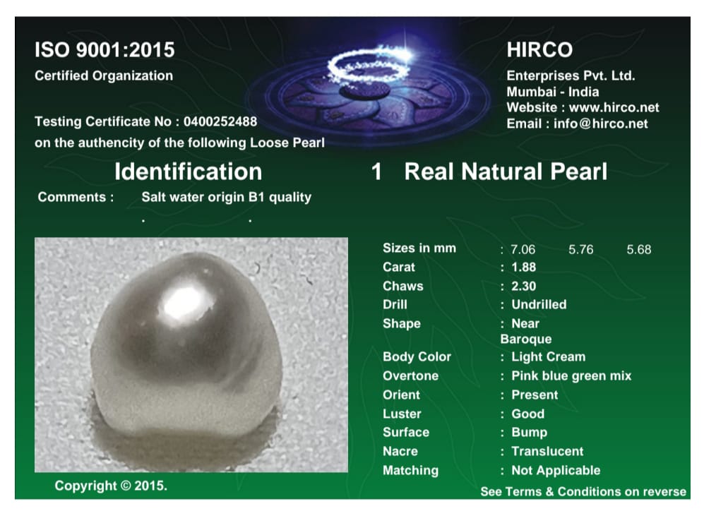 Real Natural Pearl 1.88 Carat Danat Lab Certified 133872/ Hirco Certificate No: 0400252488