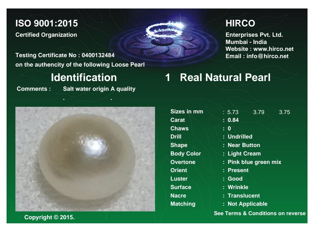 Real Natural Pearl 0.84 Carat Danat Lab Certified 133882/ Hirco Certificate No: 0400132484