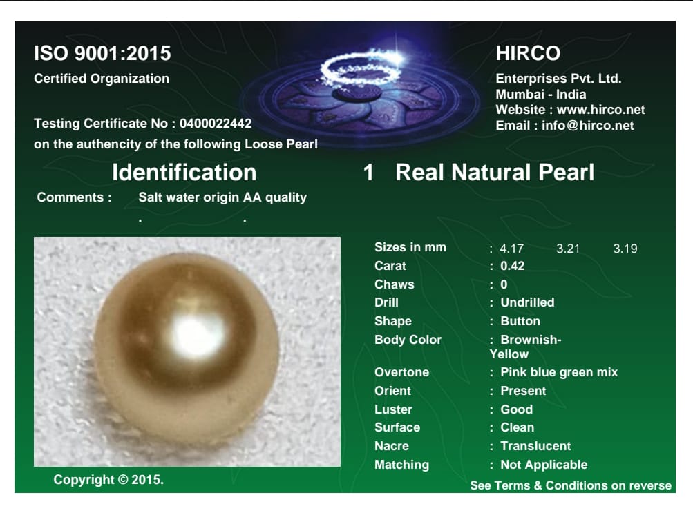 Real Natural Pearl 0.42 Carat Danat Lab Certified 133981/ Hirco Certificate No: 0400022442