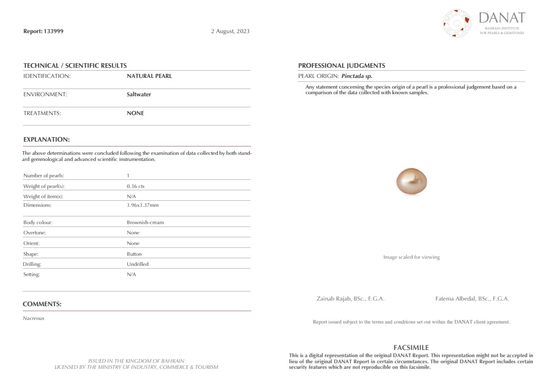 Real Natural Pearl 0.36 Carat Danat Lab Certified 133999/ Hirco Certificate No: 0500202436