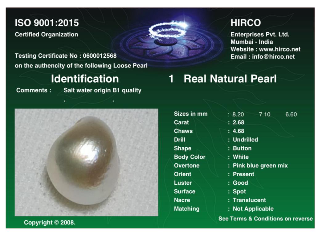 Real Natural Pearl 2.68 Carat Hirco Lab Certified 0600012568