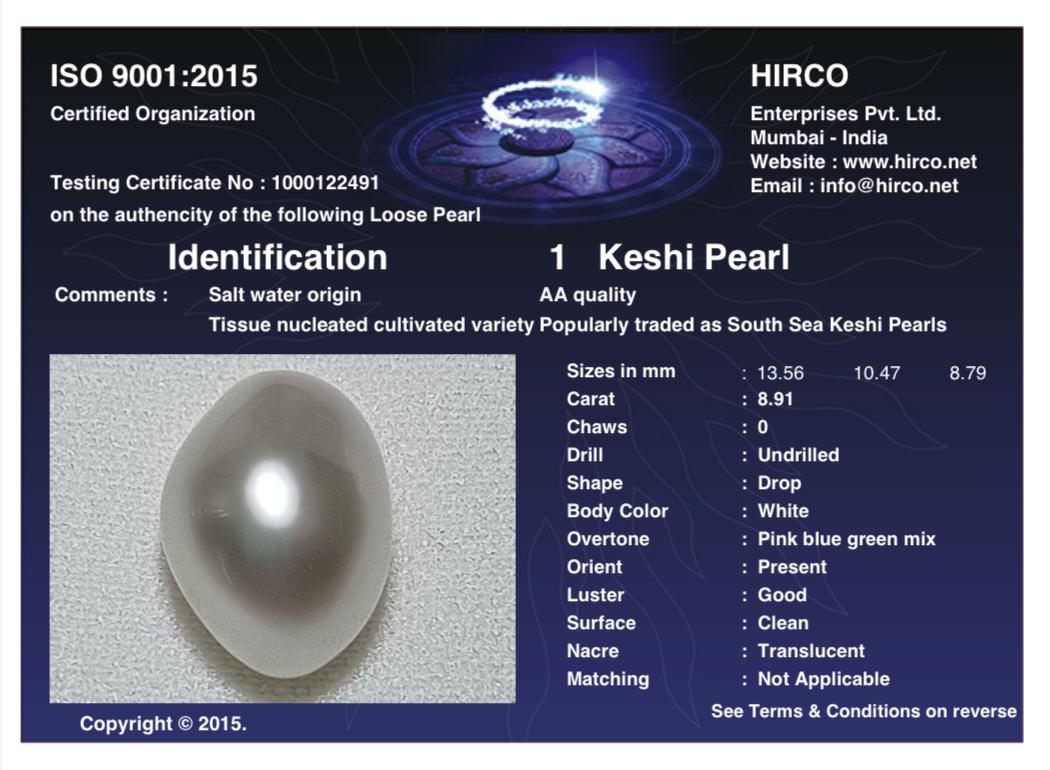 Keshi Pearl 8.91 Carat Saltwater Origin Hirco Lab Certified 1000122491