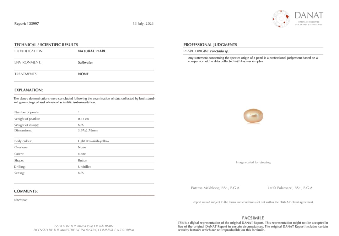 Real Natural Pearl 0.33 Carat Danat Lab Certified 133997/ Hirco Certificate No: 0400062433