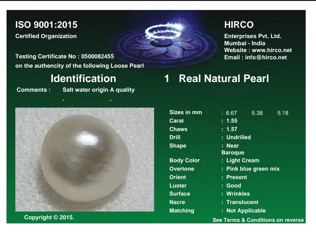 Real Natural Pearl 1.55 Carat Danat Lab Certified 133888/ Hirco Certificate No: 0500082455