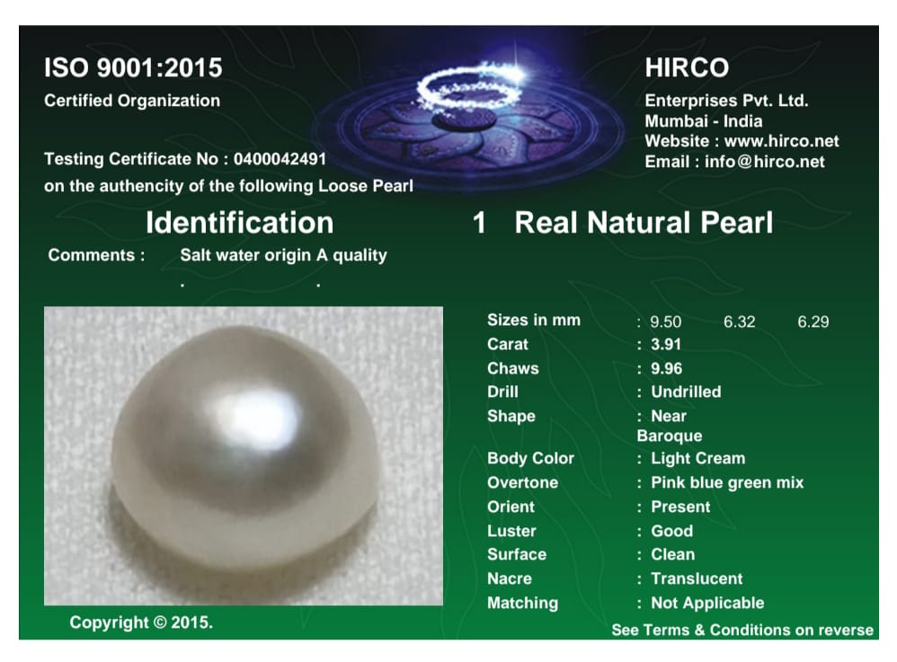 Real Natural Pearl 3.91 Carat Danat Lab Certified 134014 Hirco Certificate No: 0400042491