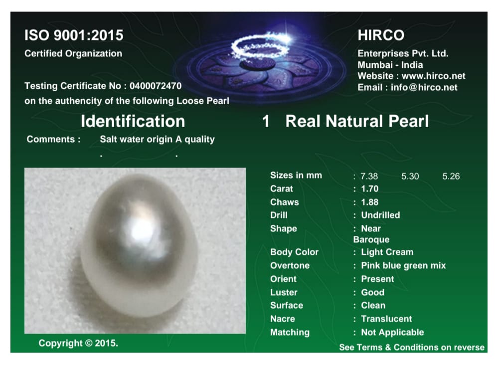 Real Natural Pearl 1.70 Carat Danat Lab Certified 133901/ Hirco Certificate No: 0400072470