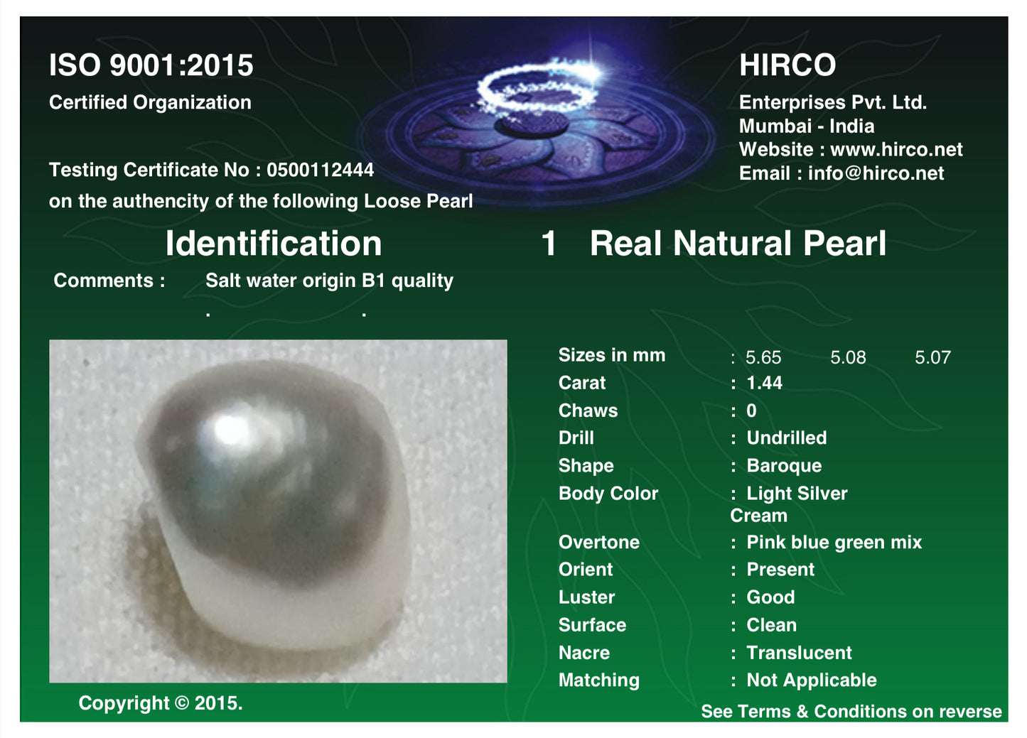 Real Natural Pearl 1.44 Carat Danat Lab Certified 133867/ Hirco Lab Certificate No: 0500112444