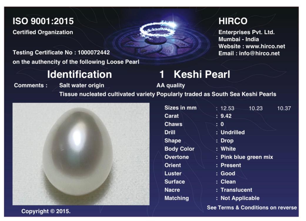 Keshi Pearl 9.42 Carat Saltwater Origin Hirco Lab Certified 1000072442
