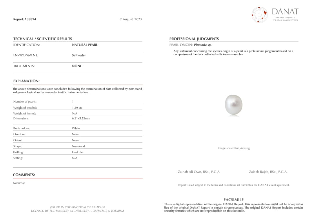 Real Natural Pearl 1.39 Carat Danat Lab Certified 133814/ Hirco Certificate No: 0400092439