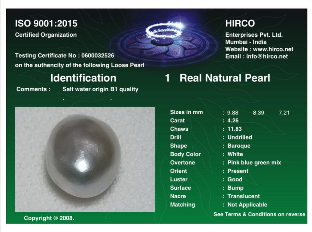 Real Natural Pearl 4.26 Carat Hirco Lab Certified 0600032526