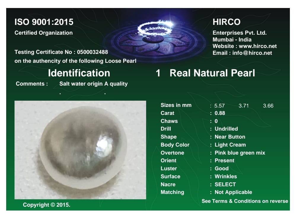 Real Natural Pearl 0.88 Carat Danat Lab Certified 133865/ Hirco Certificate No: 0500032488