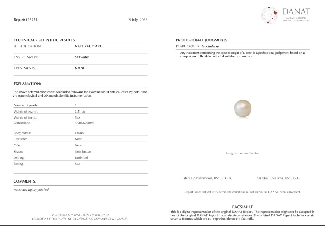 Real Natural Pearl 0.51 Carat Danat Lab Certified 133954/ Hirco Certificate No: 0500032451