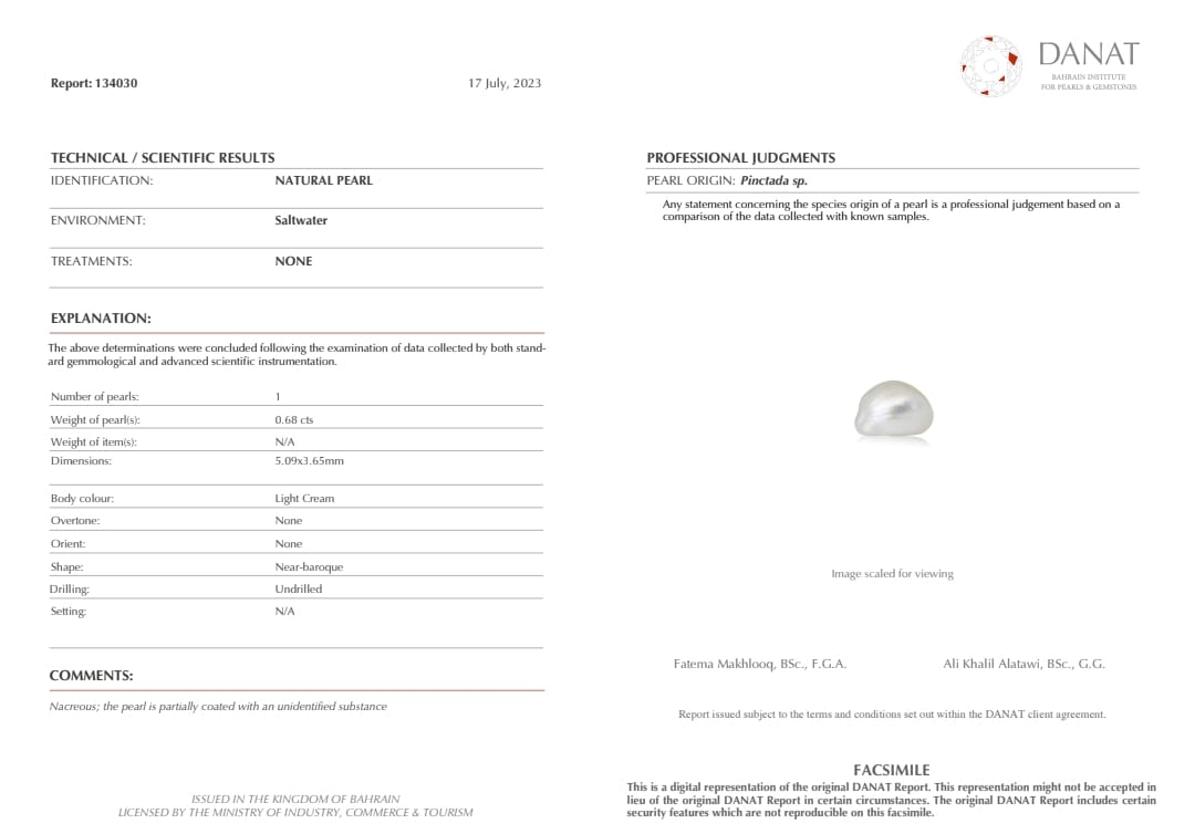 Real Natural Pearl 0.68 Carat Danat Lab Certified 134030/ Hirco Certificate No: 0500102468