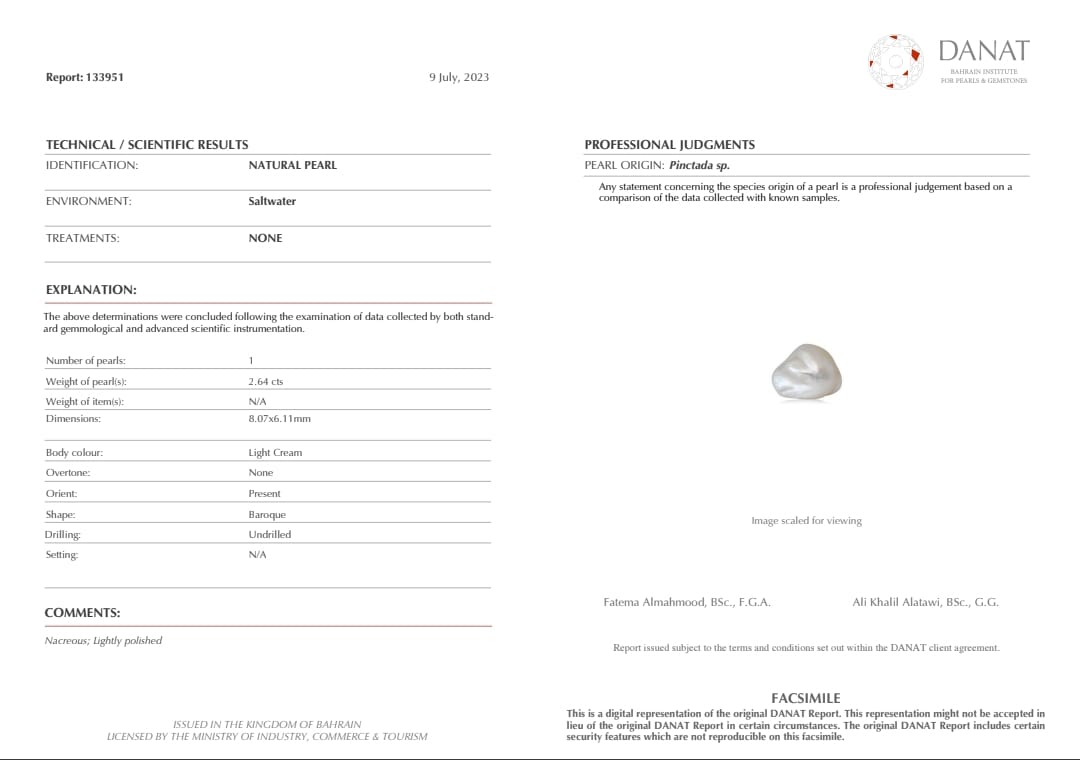 Real Natural Pearl 2.64 Carat Danat Lab Certified 133951/ Hirco Certificate No: 0400222464