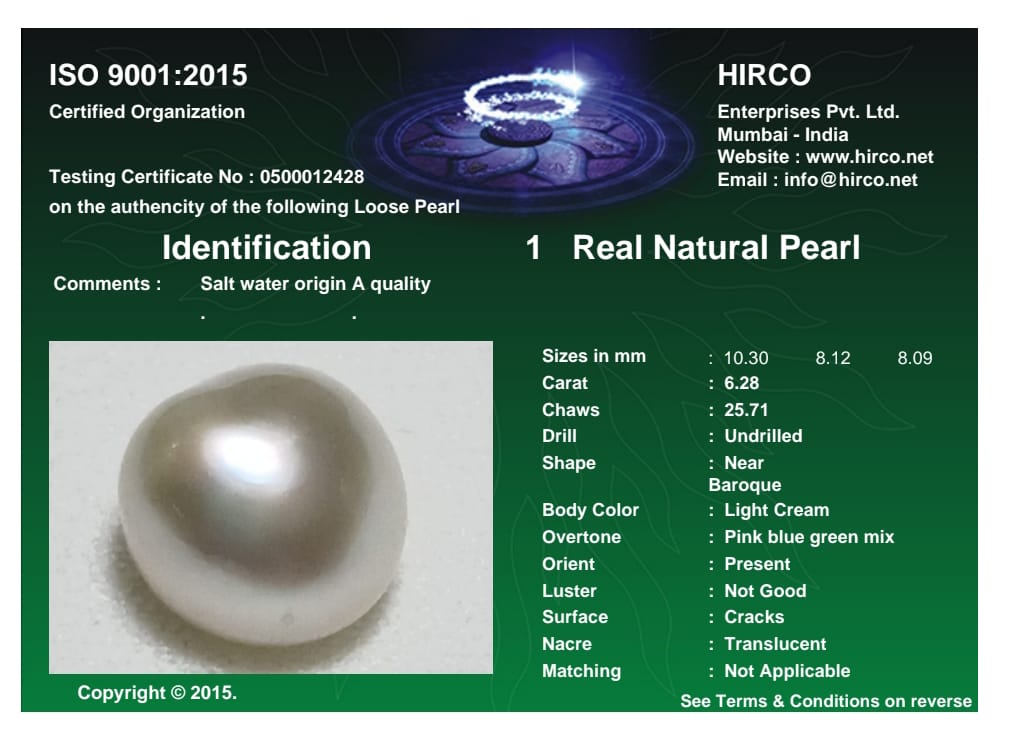 Real Natural Pearl 6.28 Carat Danat Lab Certified 133903/ Hirco Certificate No: 0500012428