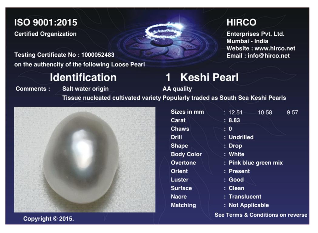 Keshi Pearl 8.83 Carat Saltwater Origin Hirco Lab Certified 1000052483