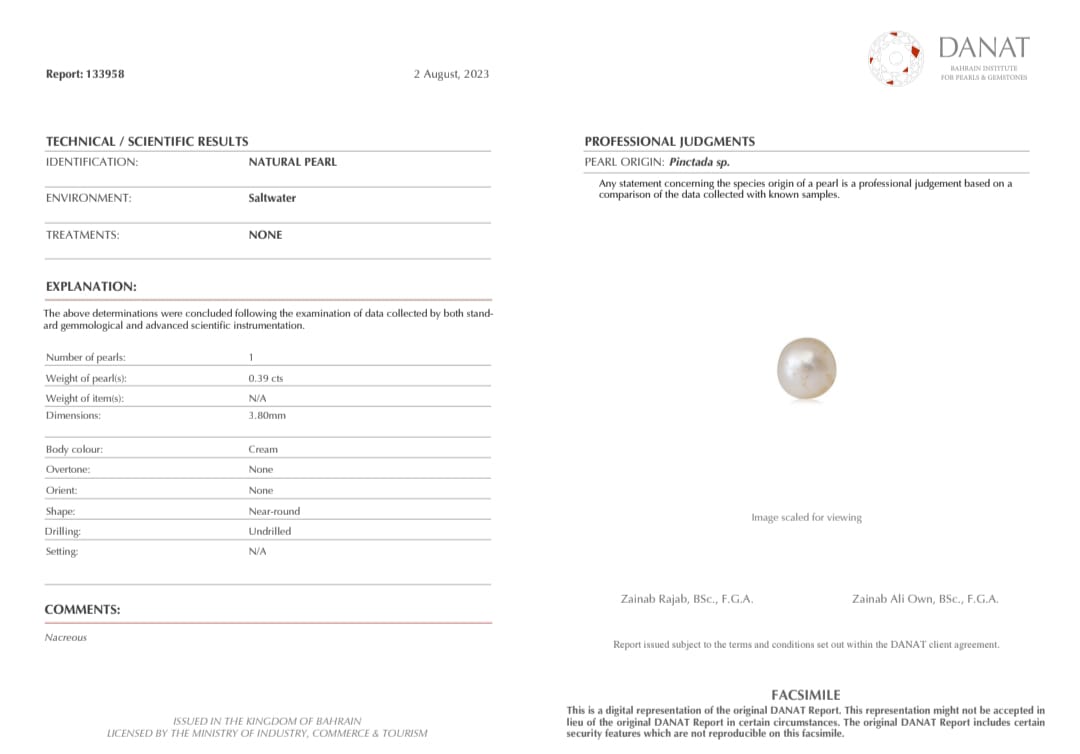 Real Natural Pearl 0.39 Carat Danat Lab Certified 133958/ Hirco Certificate No: 0400152439