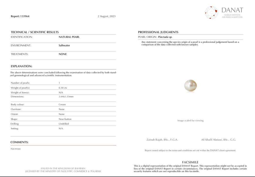 Real Natural Pearl 0.30 Carat Danat Lab Certified 133964/ Hirco Certificate No: 0400172430